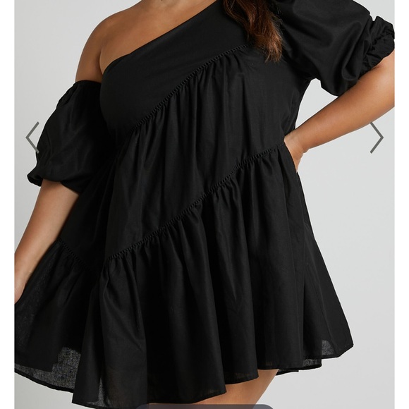 HARLEEN MINI DRESS - LINEN LOOK ASYMMETRICAL TRIM PUFF SLEEVE DRESS IN BLACK - Picture 3 of 4